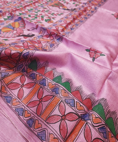 Hand-Painted Madhubani Pure Tussar Silk Saree | Pastel Pink Radha-Krishna Dual Mandala & Gopi Motif