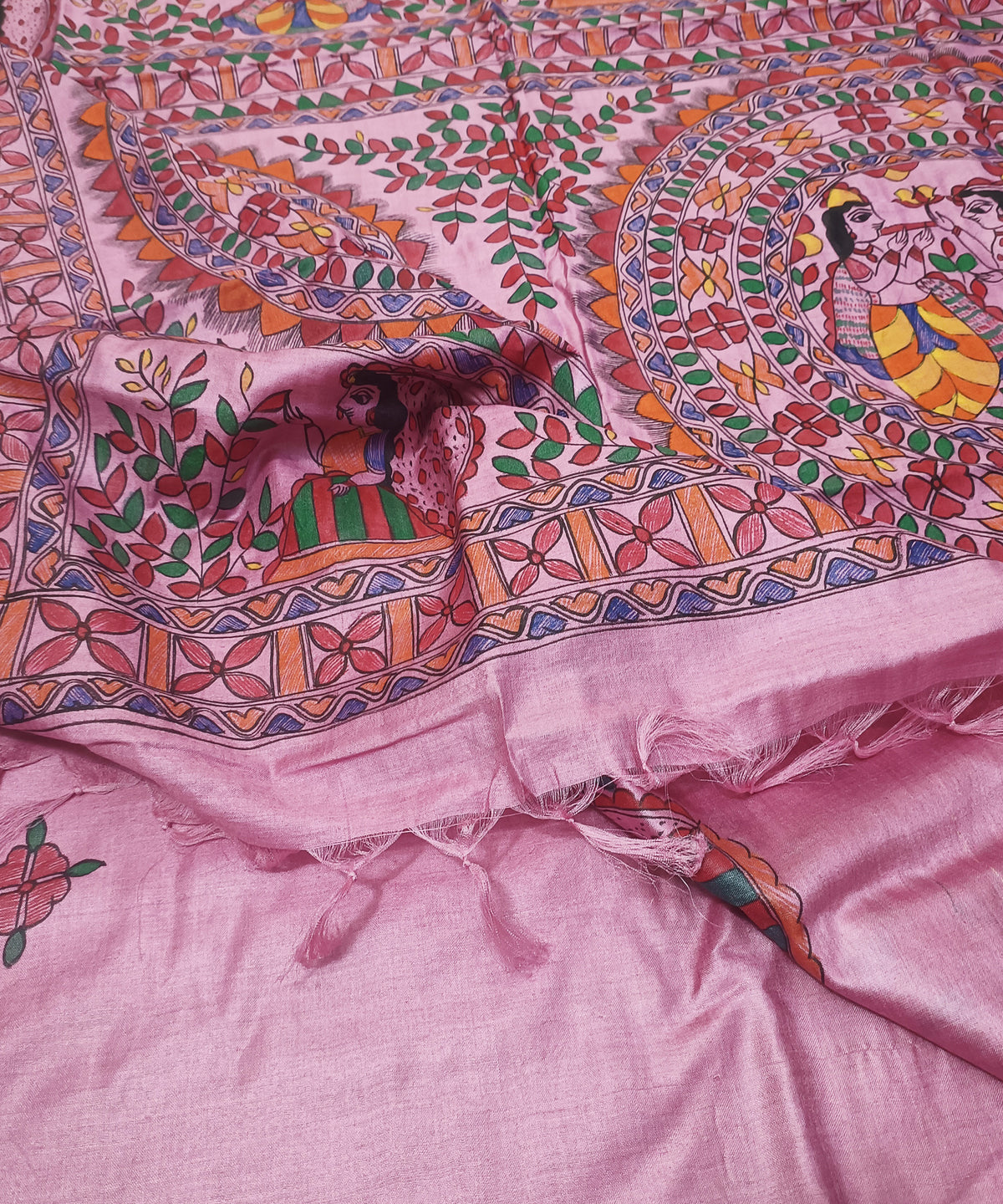 Hand-Painted Madhubani Pure Tussar Silk Saree | Pastel Pink Radha-Krishna Dual Mandala & Gopi Motif