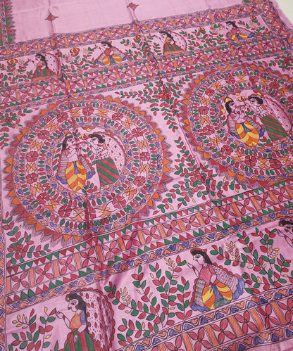 Hand-Painted Madhubani Pure Tussar Silk Saree | Pastel Pink Radha-Krishna Dual Mandala & Gopi Motif