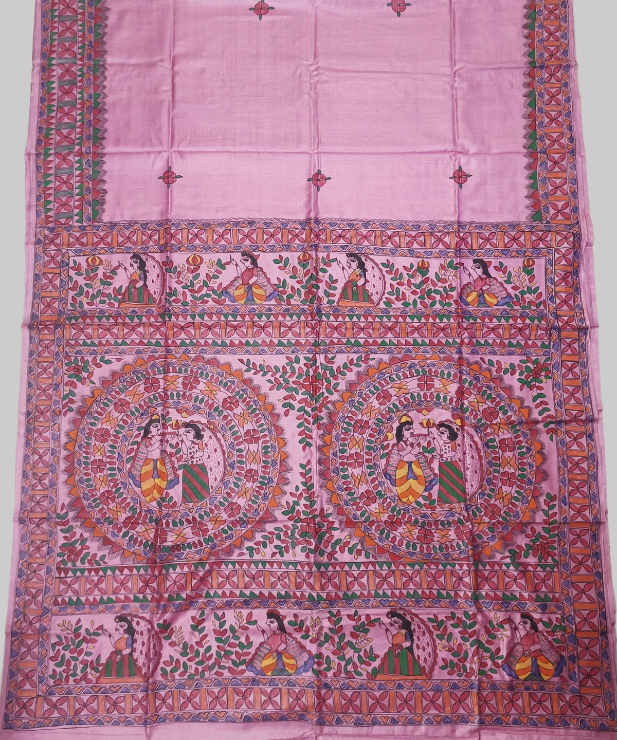 Hand-Painted Madhubani Pure Tussar Silk Saree | Pastel Pink Radha-Krishna Dual Mandala & Gopi Motif