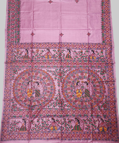 Hand-Painted Madhubani Pure Tussar Silk Saree | Pastel Pink Radha-Krishna Dual Mandala & Gopi Motif