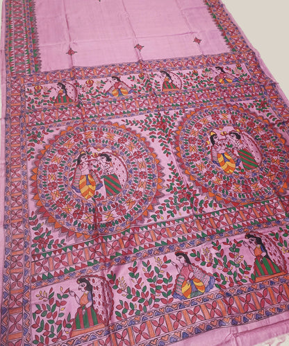 Hand-Painted Madhubani Pure Tussar Silk Saree | Pastel Pink Radha-Krishna Dual Mandala & Gopi Motif