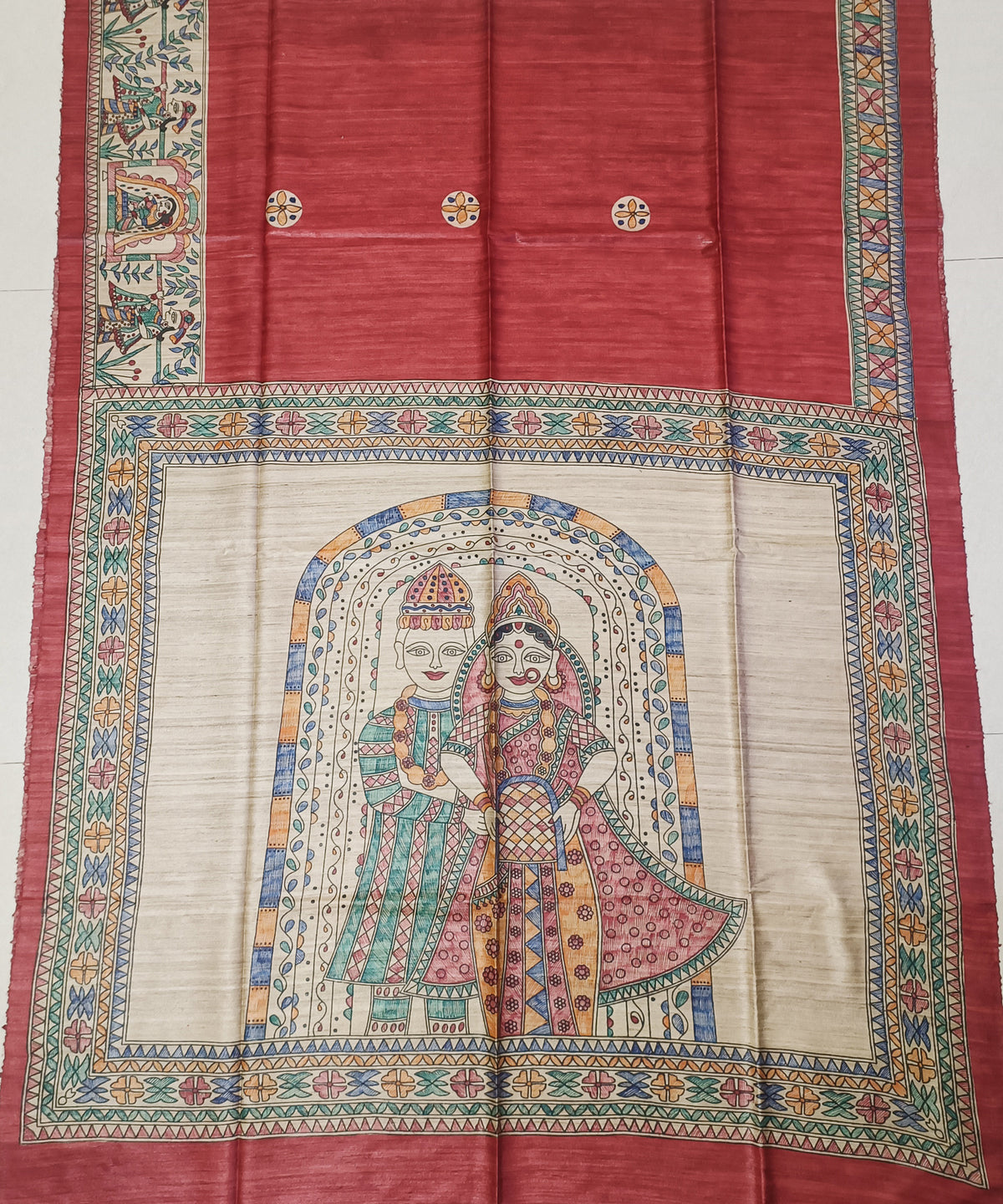 Hand-Painted Madhubani Tussar Ghicha Silk Saree | Brick Red Royal Bride & Groom Wedding Motif