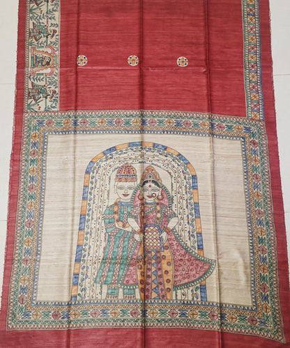 Hand-Painted Madhubani Tussar Ghicha Silk Saree | Brick Red Royal Bride & Groom Wedding Motif