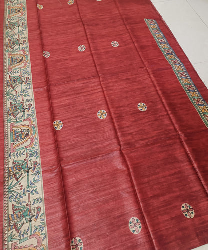 Hand-Painted Madhubani Tussar Ghicha Silk Saree | Brick Red Royal Bride & Groom Wedding Motif