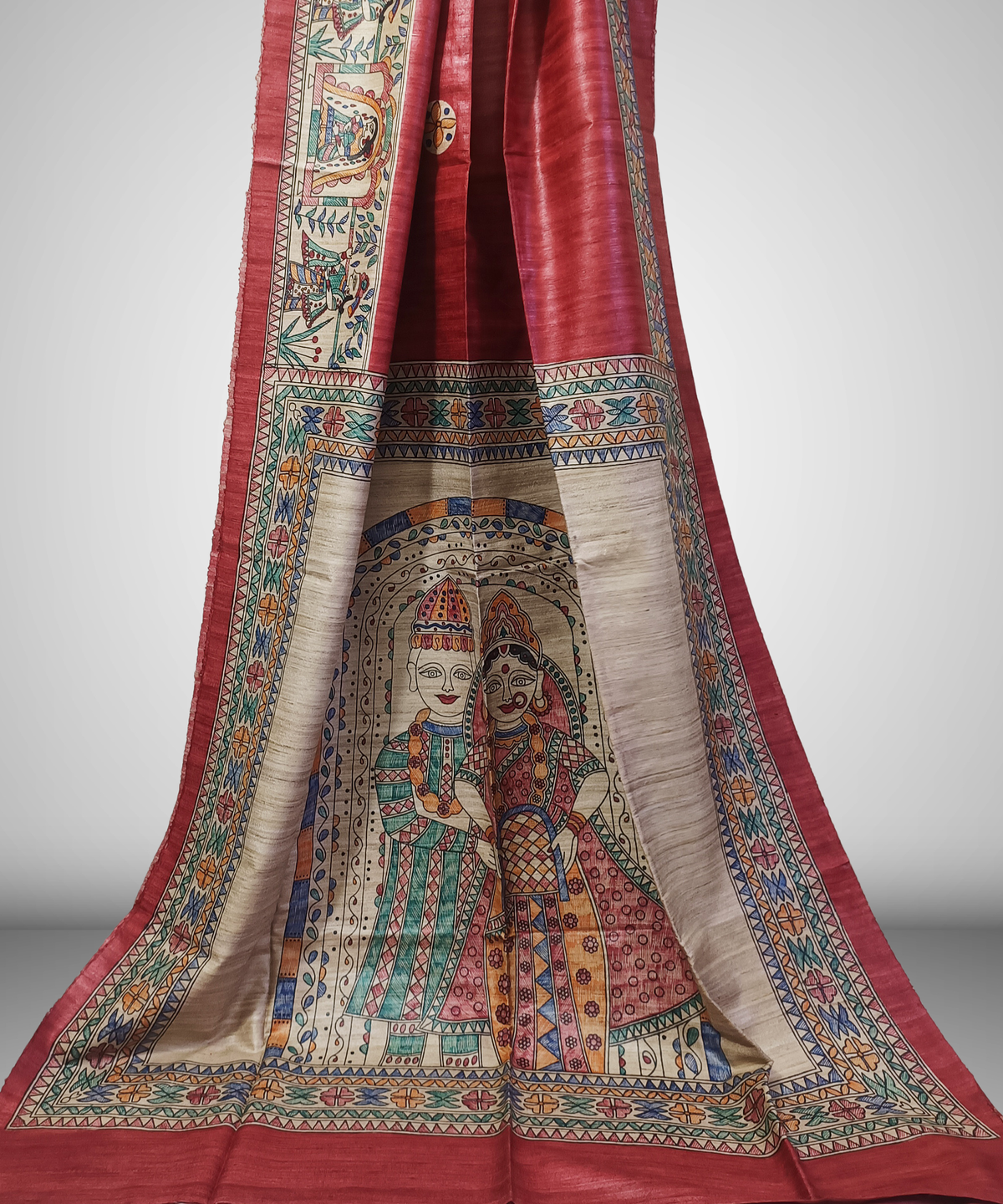 Hand-Painted Madhubani Tussar Ghicha Silk Saree | Brick Red Royal Bride & Groom Wedding Motif