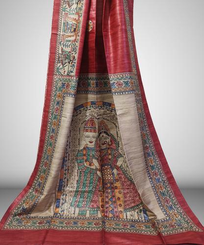 Hand-Painted Madhubani Tussar Ghicha Silk Saree | Brick Red Royal Bride & Groom Wedding Motif