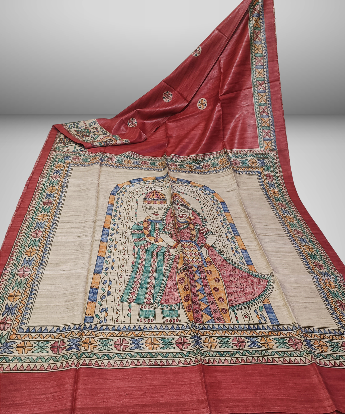 Hand-Painted Madhubani Tussar Ghicha Silk Saree | Brick Red Royal Bride & Groom Wedding Motif