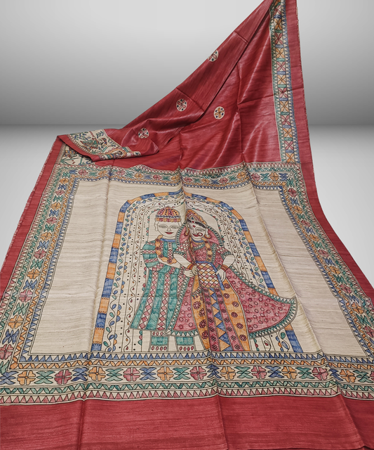 Hand-Painted Madhubani Tussar Ghicha Silk Saree | Brick Red Royal Bride & Groom Wedding Motif