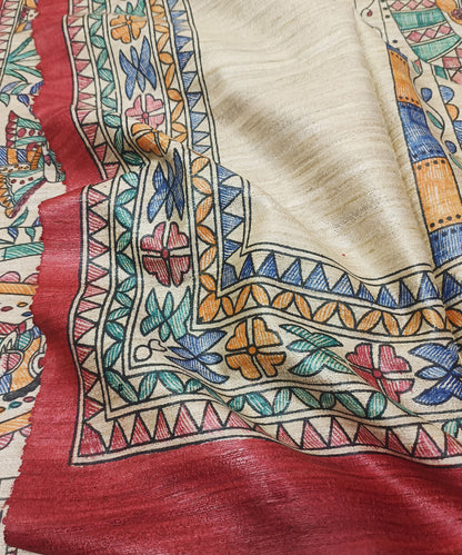 Hand-Painted Madhubani Tussar Ghicha Silk Saree | Brick Red Royal Bride & Groom Wedding Motif