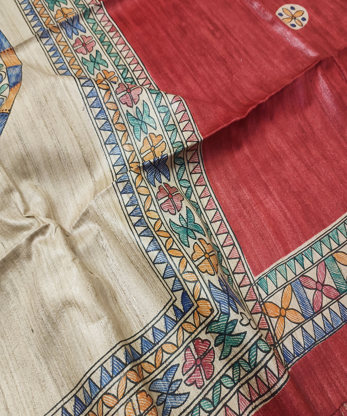 Hand-Painted Madhubani Tussar Ghicha Silk Saree | Brick Red Royal Bride & Groom Wedding Motif