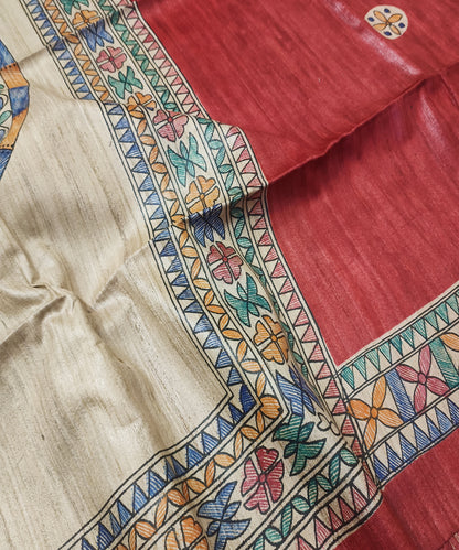 Hand-Painted Madhubani Tussar Ghicha Silk Saree | Brick Red Royal Bride & Groom Wedding Motif