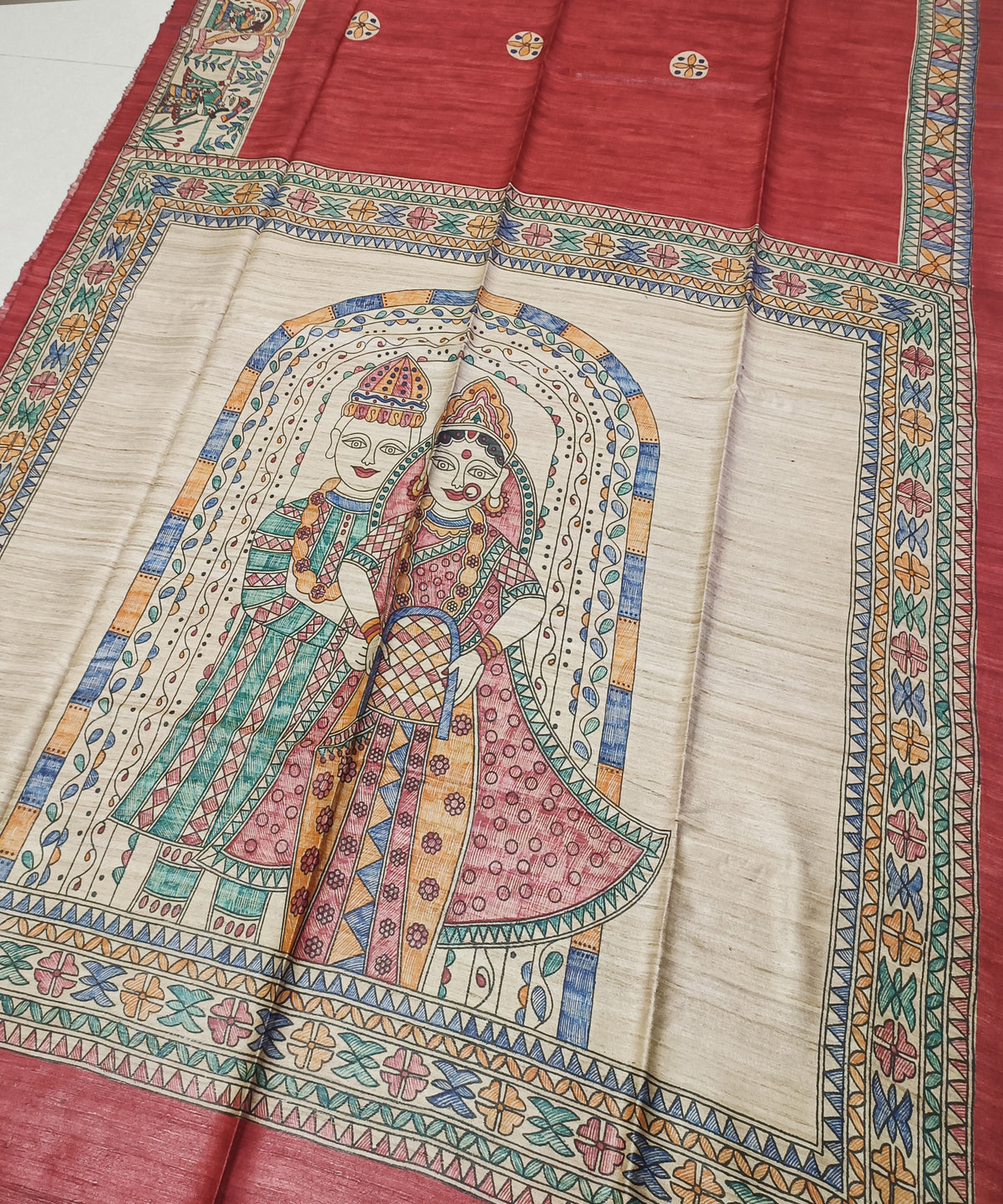 Hand-Painted Madhubani Tussar Ghicha Silk Saree | Brick Red Royal Bride & Groom Wedding Motif