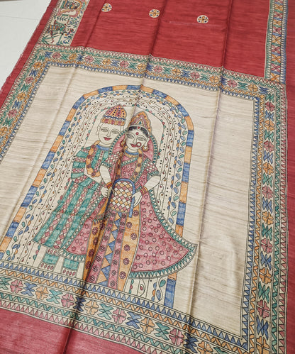 Hand-Painted Madhubani Tussar Ghicha Silk Saree | Brick Red Royal Bride & Groom Wedding Motif