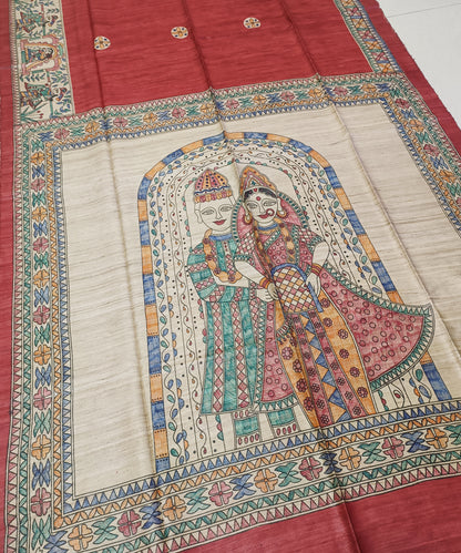 Hand-Painted Madhubani Tussar Ghicha Silk Saree | Brick Red Royal Bride & Groom Wedding Motif