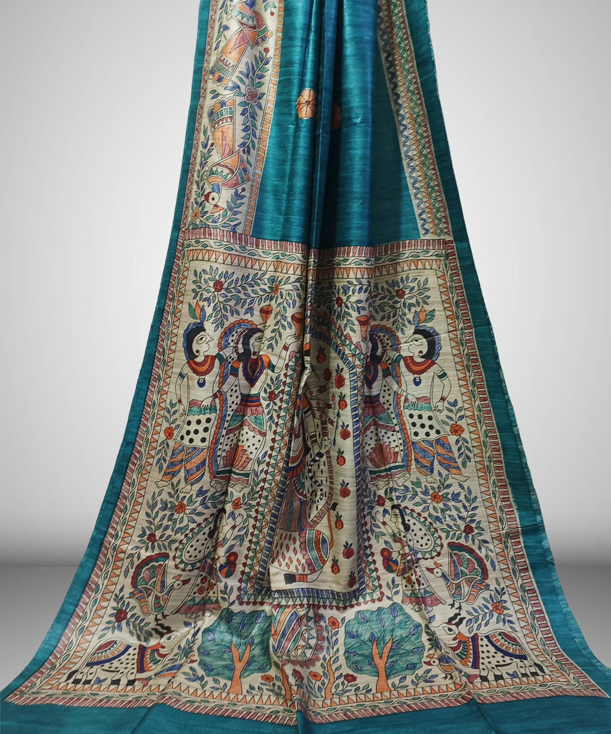 Hand-Painted Madhubani Tussar Ghicha Silk Saree | Teal Blue Goddess Durga & Divine Motifs