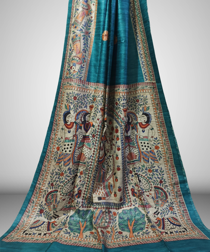 Hand-Painted Madhubani Tussar Ghicha Silk Saree | Teal Blue Goddess Durga & Divine Motifs