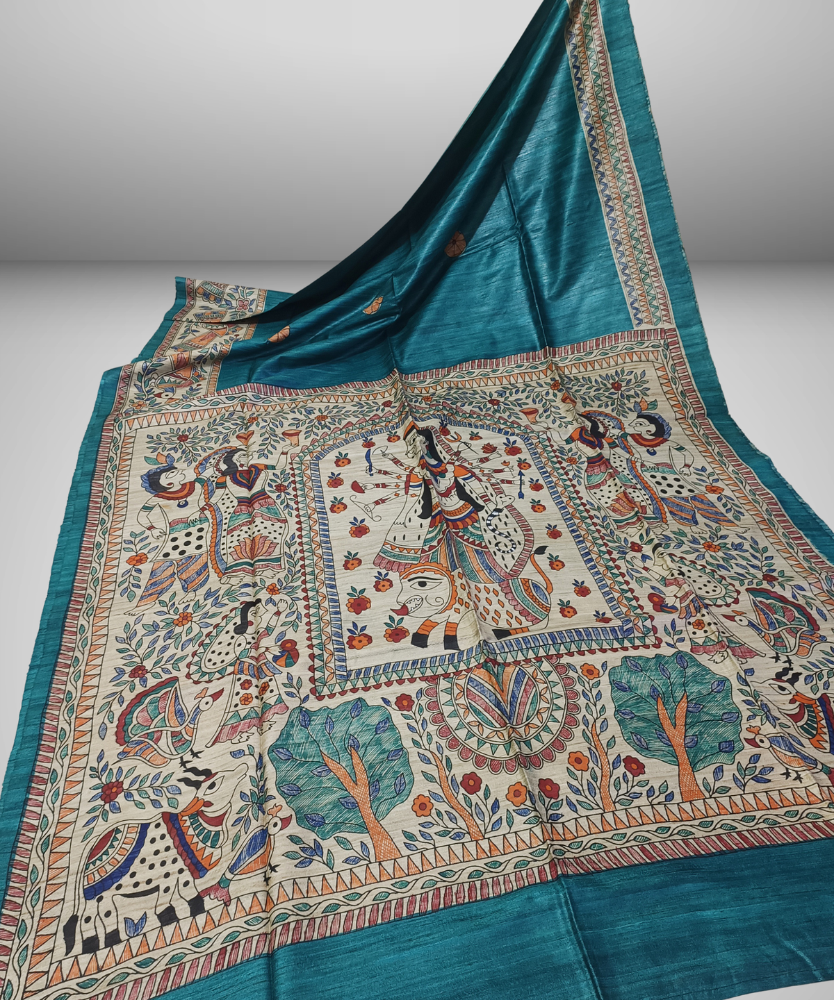 Hand-Painted Madhubani Tussar Ghicha Silk Saree | Teal Blue Goddess Durga & Divine Motifs