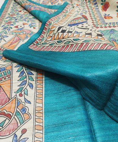 Hand-Painted Madhubani Tussar Ghicha Silk Saree | Teal Blue Goddess Durga & Divine Motifs