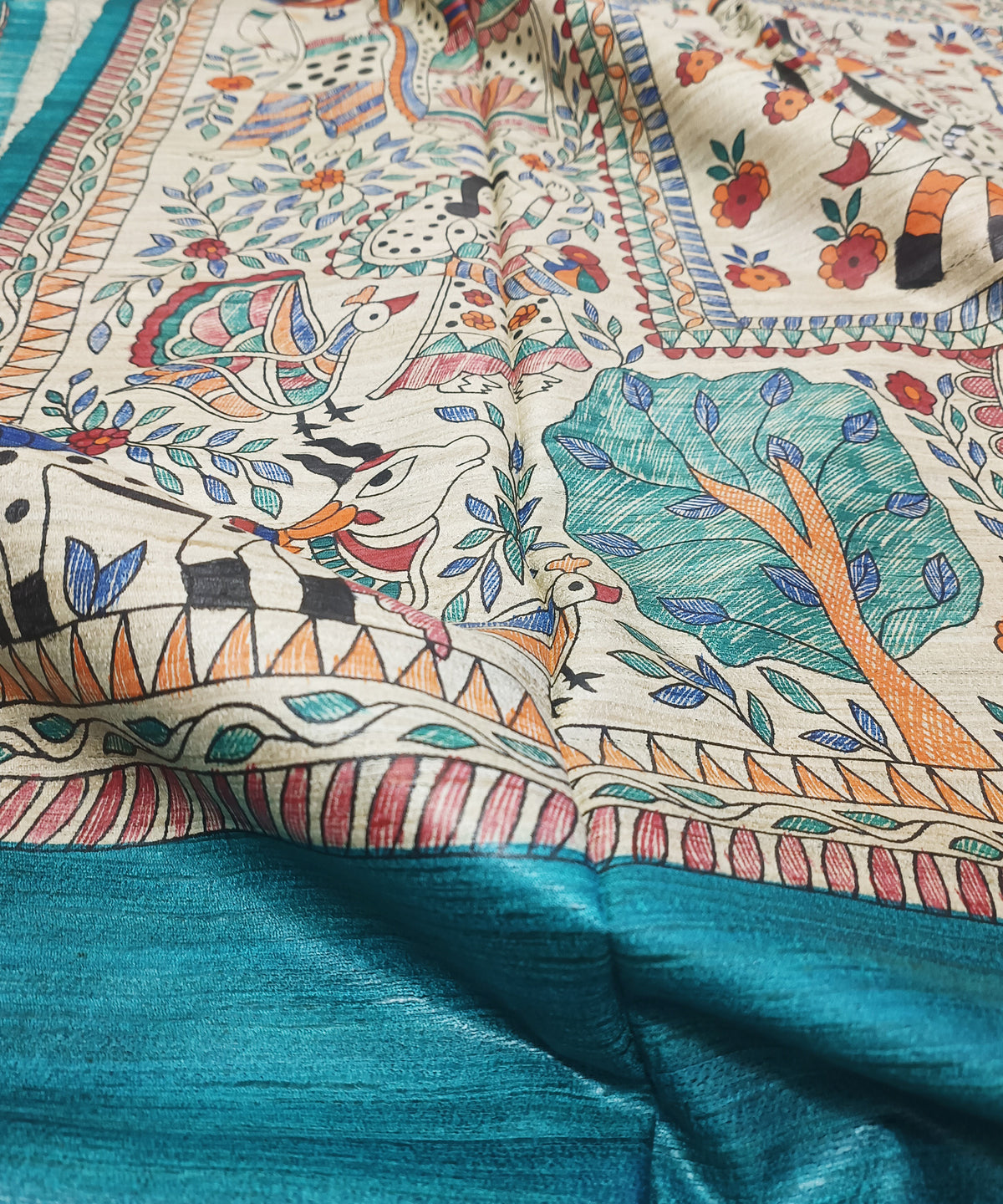 Hand-Painted Madhubani Tussar Ghicha Silk Saree | Teal Blue Goddess Durga & Divine Motifs