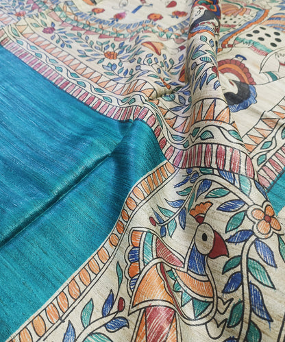 Hand-Painted Madhubani Tussar Ghicha Silk Saree | Teal Blue Goddess Durga & Divine Motifs