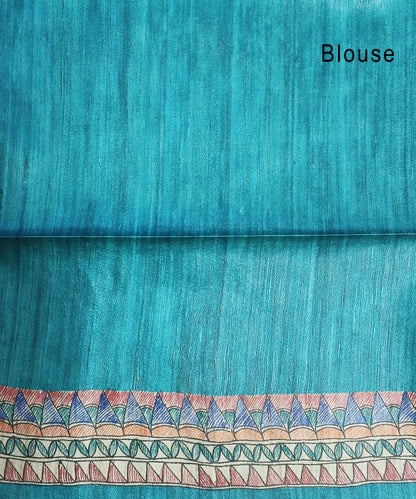 Hand-Painted Madhubani Tussar Ghicha Silk Saree | Teal Blue Goddess Durga & Divine Motifs