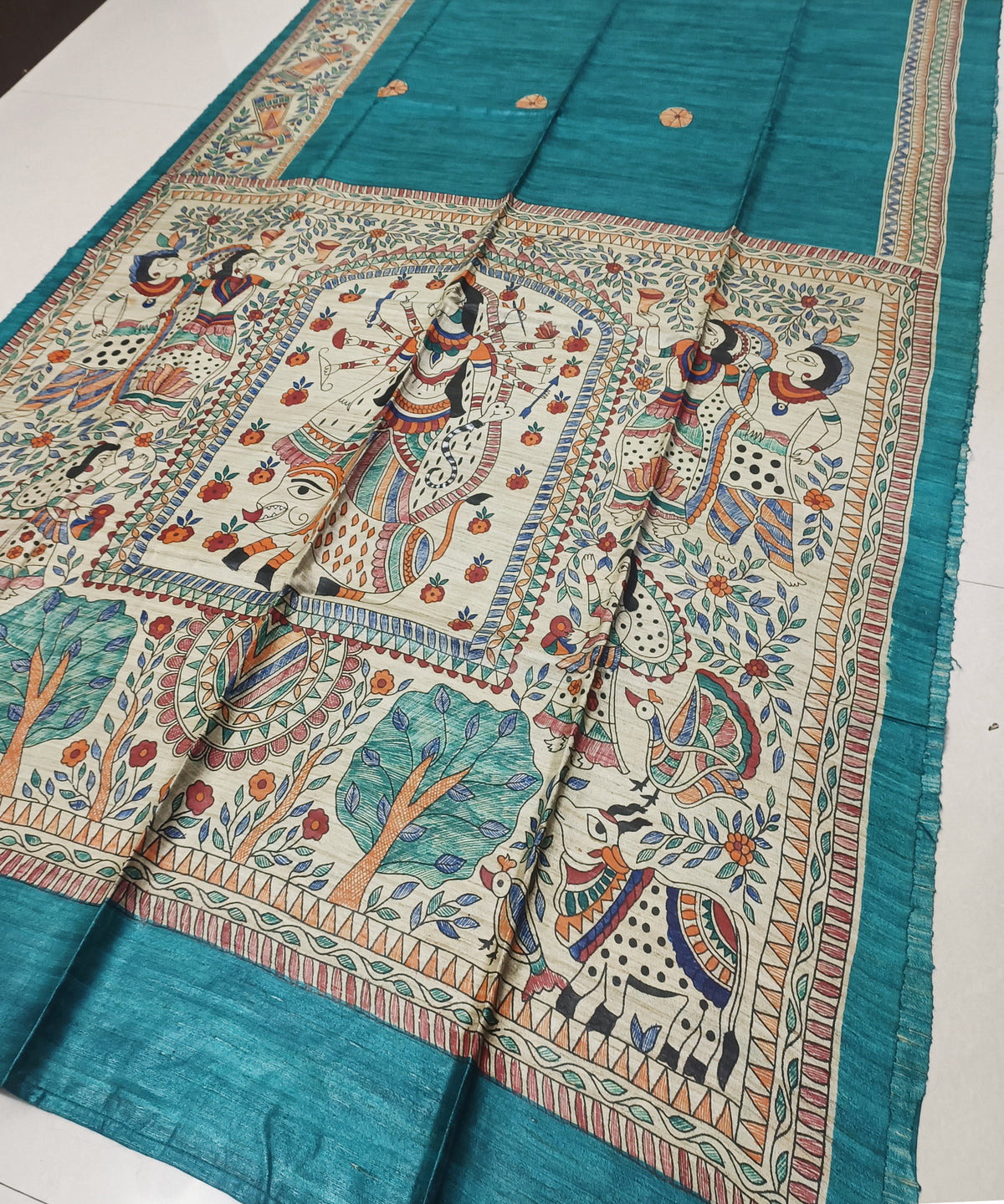 Hand-Painted Madhubani Tussar Ghicha Silk Saree | Teal Blue Goddess Durga & Divine Motifs