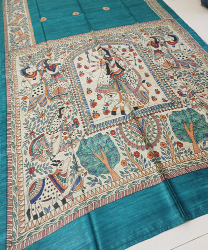 Hand-Painted Madhubani Tussar Ghicha Silk Saree | Teal Blue Goddess Durga & Divine Motifs