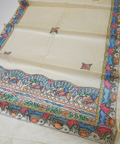 Hand-Painted Madhubani Tussar Silk Stole – Fish Border & Bird Motif