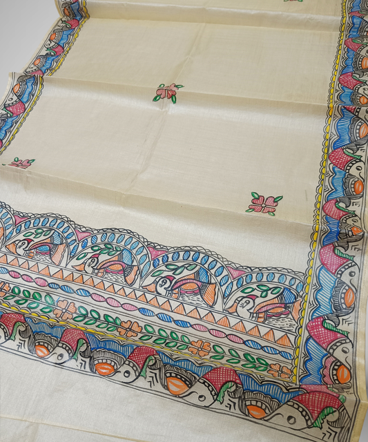 Hand-Painted Madhubani Tussar Silk Stole – Fish Border & Bird Motif