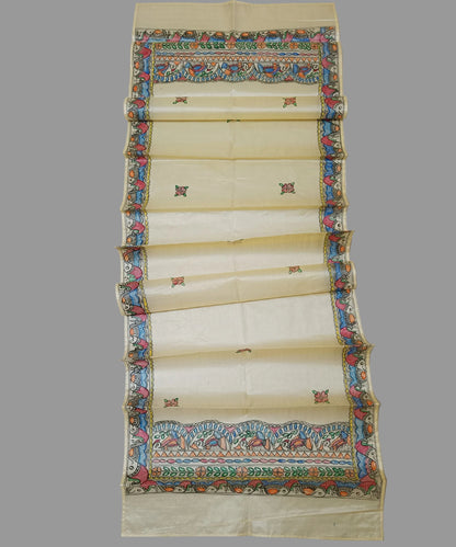 Natural cream Madhubani Tussar silk stole/scarf featuring an extensive border of colorful hand painted fish motifs and detailed panels of stylized birds