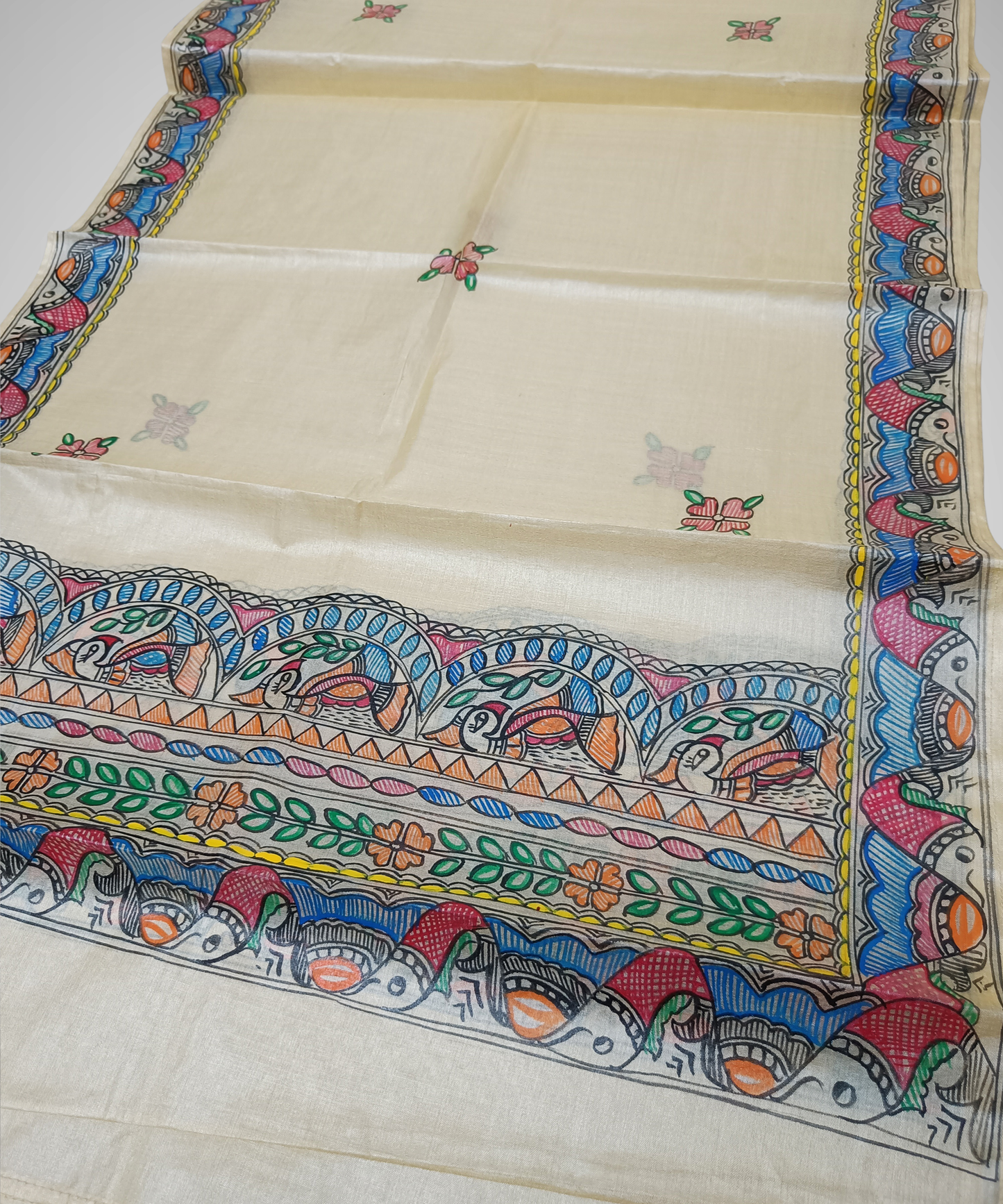 Hand-Painted Madhubani Tussar Silk Stole – Fish Border & Bird Motif