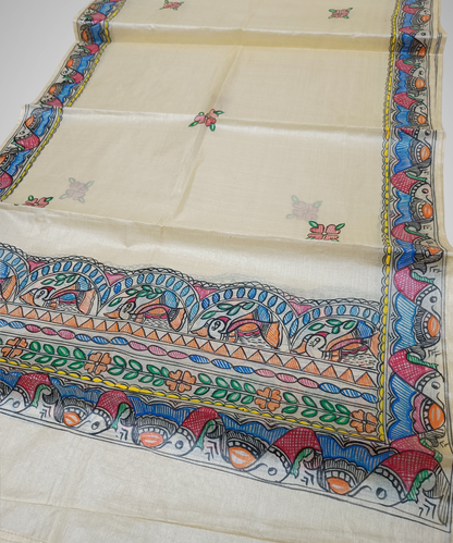 Hand-Painted Madhubani Tussar Silk Stole – Fish Border & Bird Motif