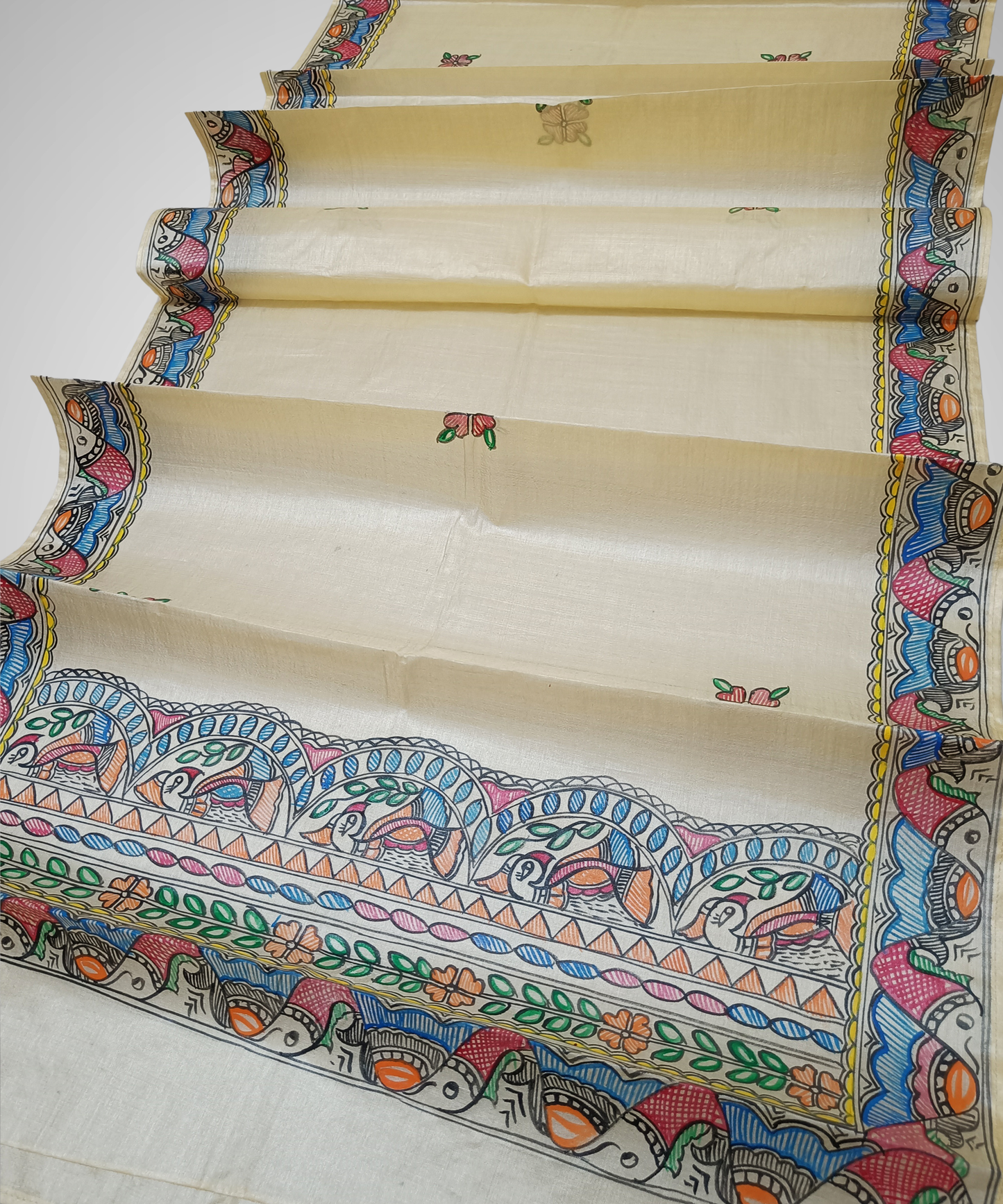 Hand-Painted Madhubani Tussar Silk Stole – Fish Border & Bird Motif