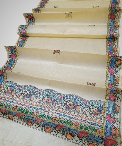Hand-Painted Madhubani Tussar Silk Stole – Fish Border & Bird Motif