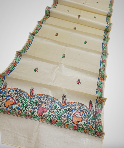 Pure Hand-painted Madhubani Tussar silk stole with colorful traditional fish and floral motifs on a natural cream background