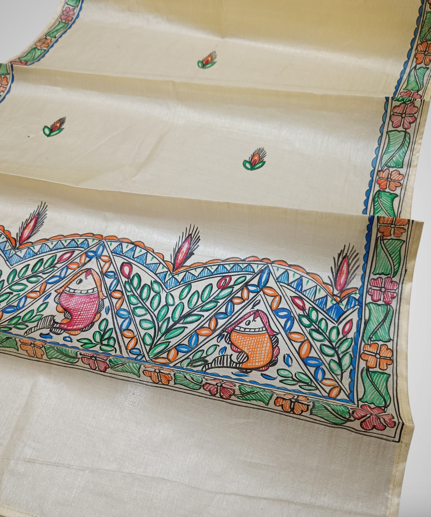 Pure Hand-painted Madhubani Tussar silk stole with colorful traditional fish and floral motifs on a natural cream background
