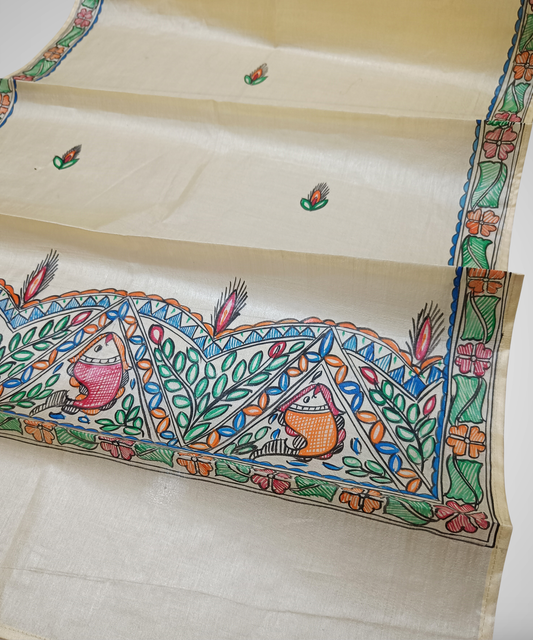 Pure Hand-painted Madhubani Tussar silk stole with colorful traditional fish and floral motifs on a natural cream background