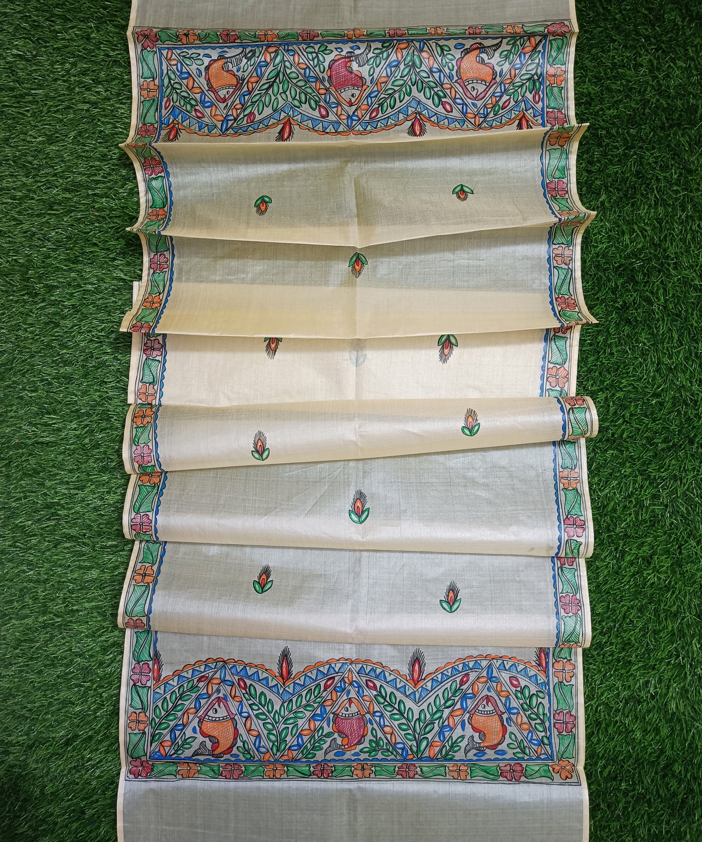 Authentic Hand-painted Madhubani Tussar silk stole with colorful traditional fish and floral motifs on a natural cream background