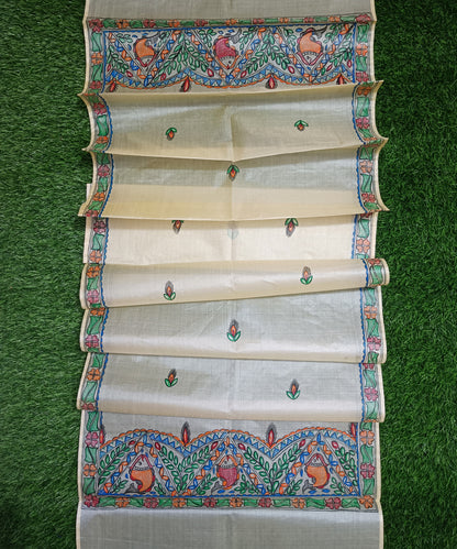 Authentic Hand-painted Madhubani Tussar silk stole with colorful traditional fish and floral motifs on a natural cream background