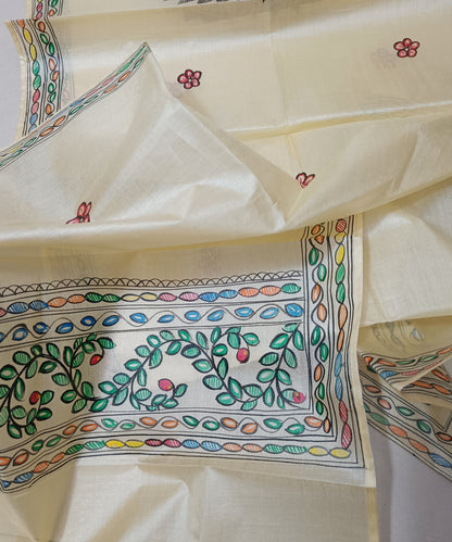 Hand painted Natural cream Madhubani Tussar silk stole featuring a colorful central circular peacock Motif and green leafy vine borders