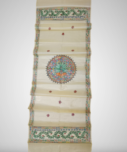 Hand painted Natural cream Madhubani Tussar silk stole featuring a colorful central circular peacock Motif and green leafy vine borders