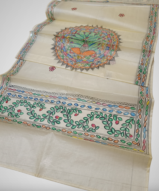 Natural cream Madhubani Tussar silk stole featuring a colorful central circular peacock mandala and green leafy vine borders