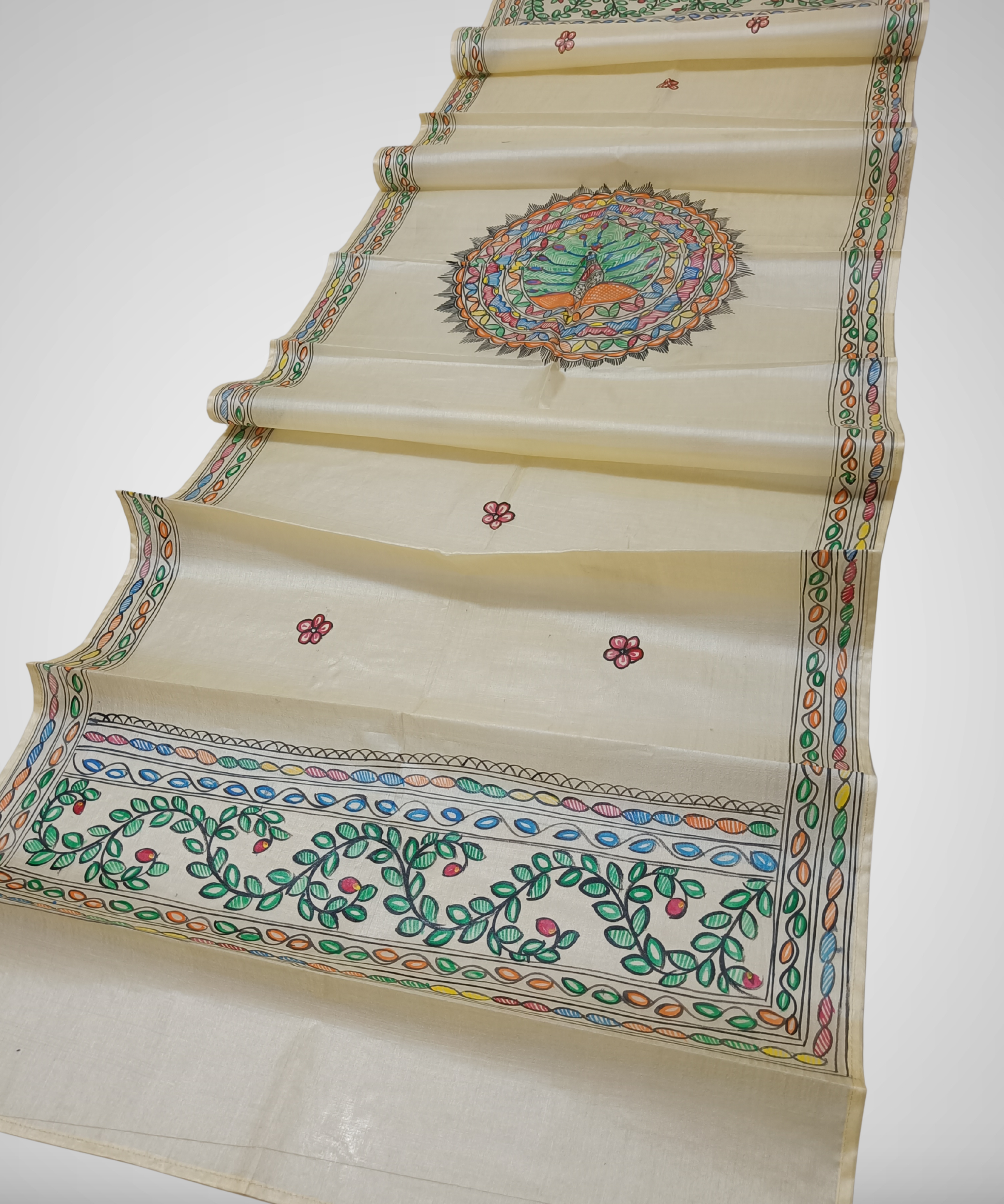 Natural cream Madhubani Tussar silk stole featuring a colorful central circular peacock mandala and green leafy vine borders