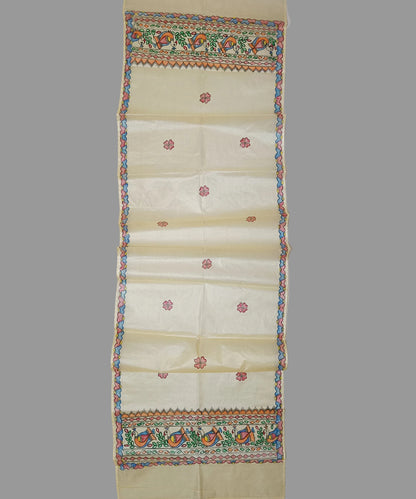 Pure Natural beige Madhubani Tussar silk stole showcasing colorful hand-painted borders of peacocks, fish, and temple geometric patterns
