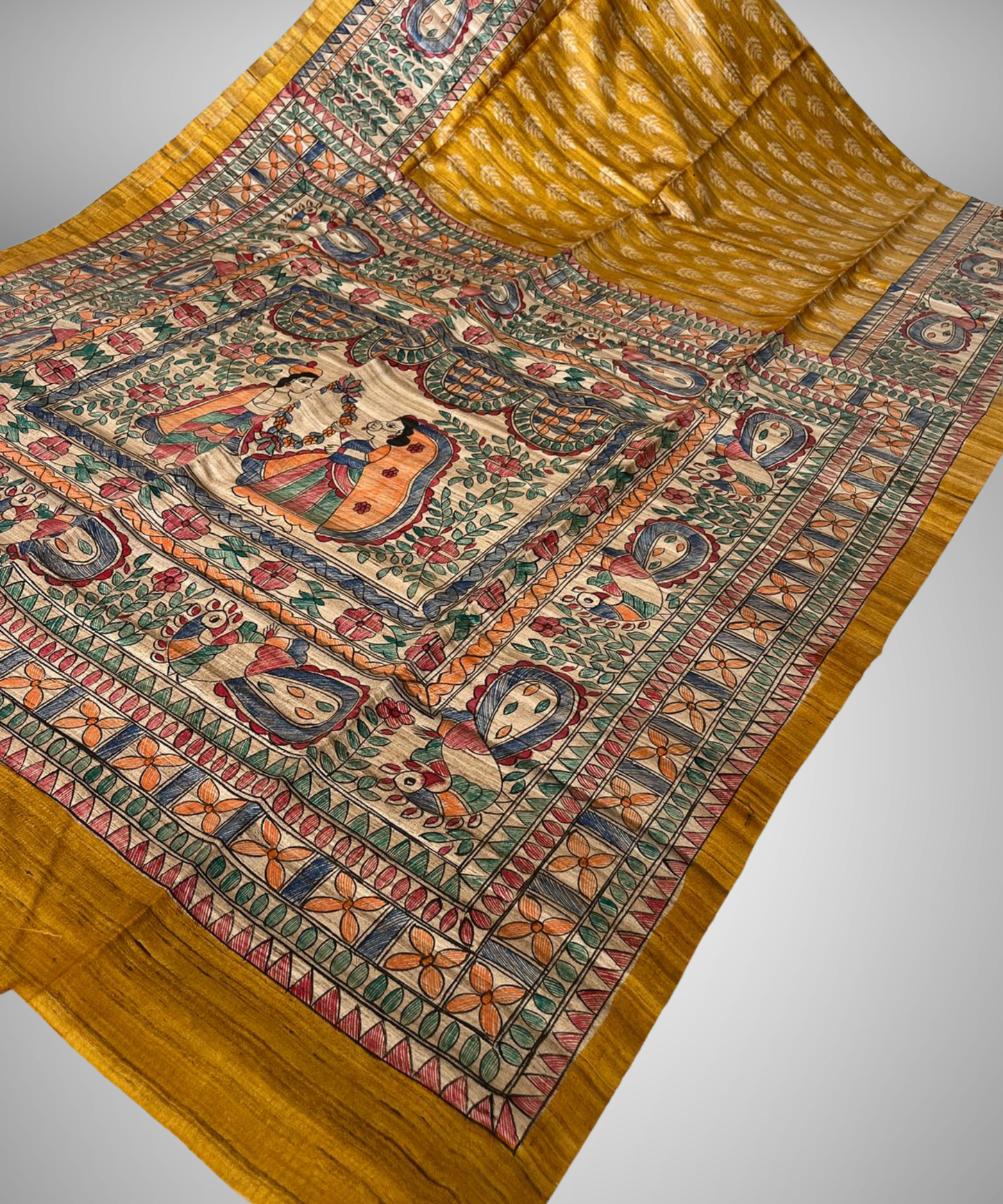 Hand-Painted Madhubani Vivah Tussar Ghicha Silk Saree in Mustard Gold and Natural Cream