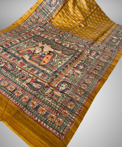 Hand-Painted Madhubani Vivah Tussar Ghicha Silk Saree in Mustard Gold and Natural Cream