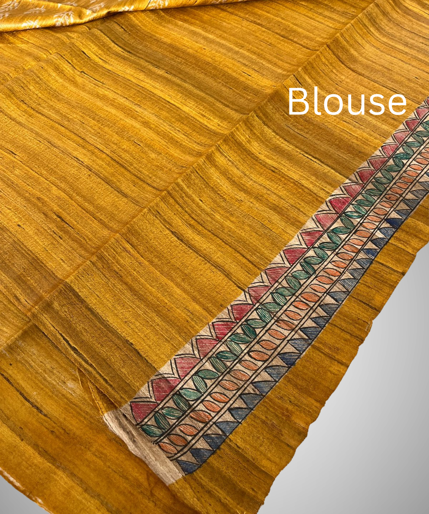 Hand-Painted Madhubani Vivah Tussar Ghicha Silk Saree in Mustard Gold and Natural Cream