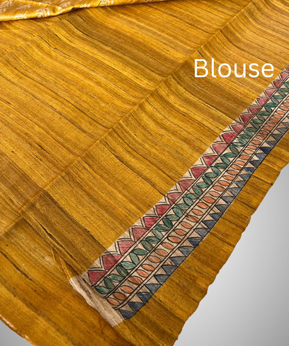 Hand-Painted Madhubani Vivah Tussar Ghicha Silk Saree in Mustard Gold and Natural Cream