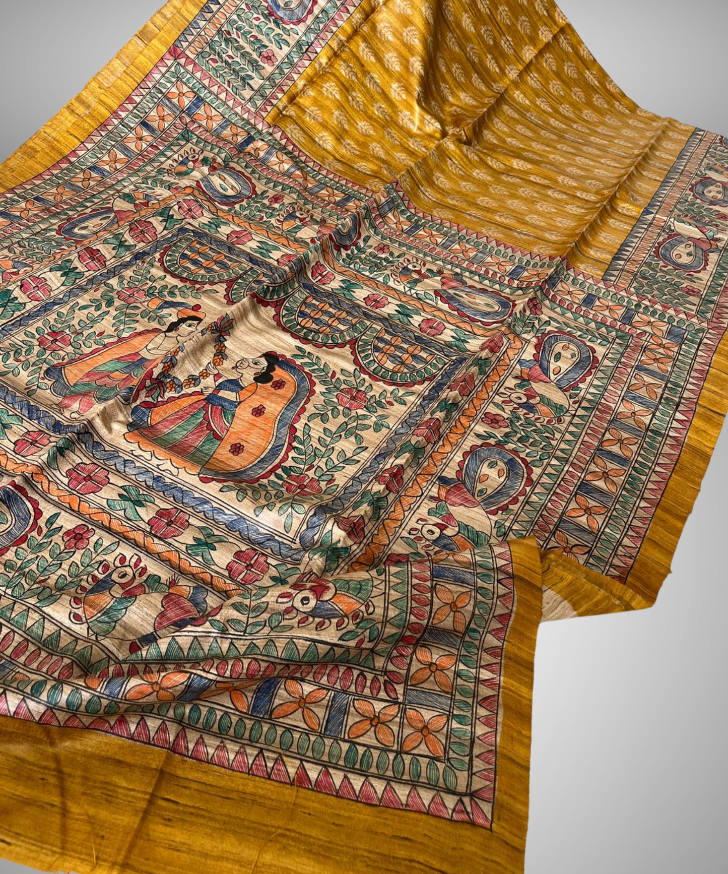 Hand-Painted Madhubani Vivah Tussar Ghicha Silk Saree in Mustard Gold and Natural Cream